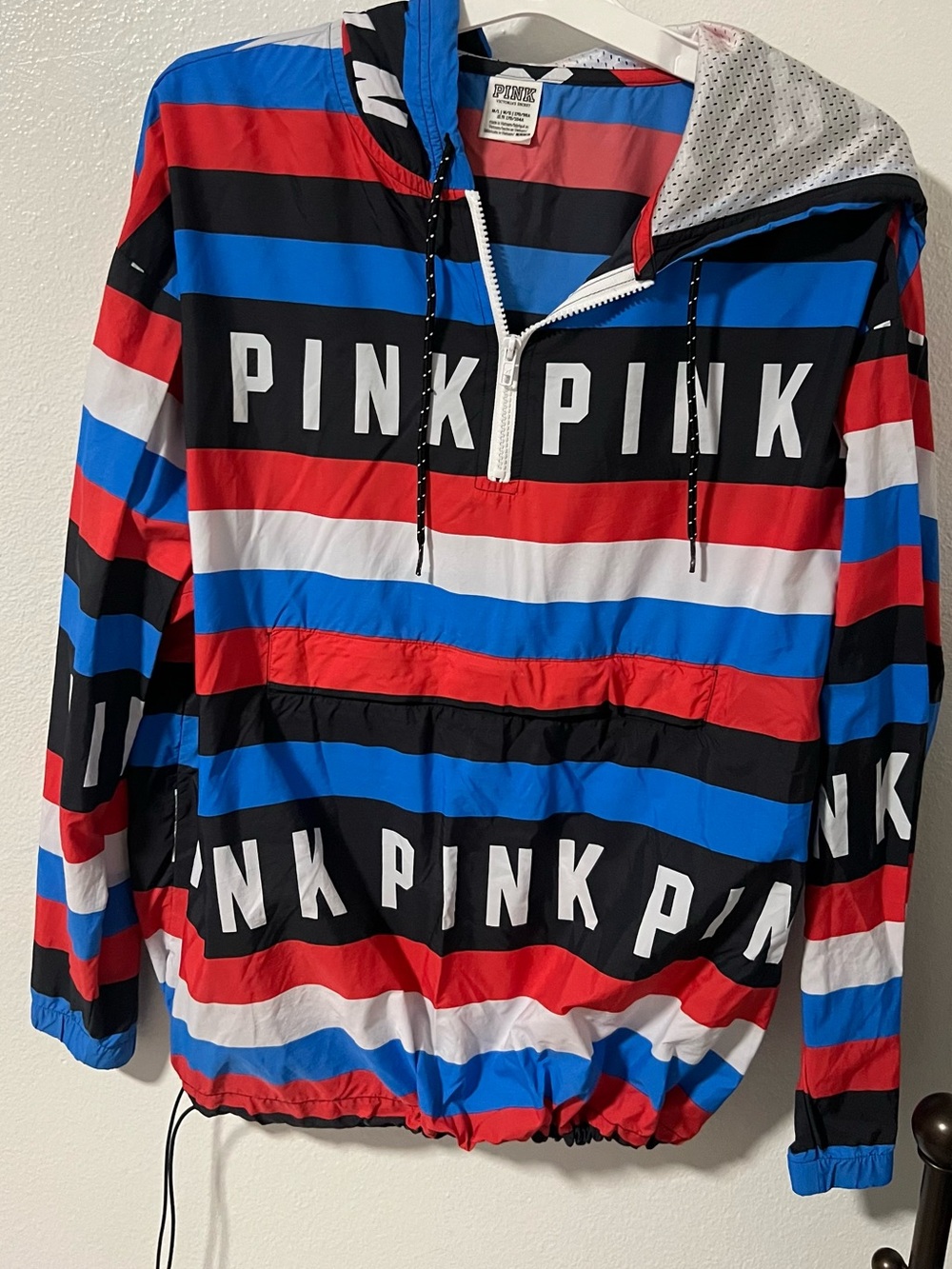 PINK Victoria's Secret Striped Ski Jacket in Blue, Red, Black & White
